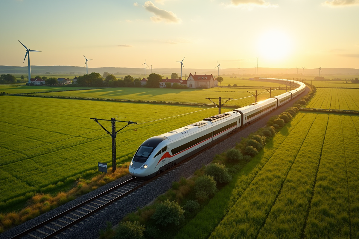 TGV traversant la campagne verte avec village et éoliennes
