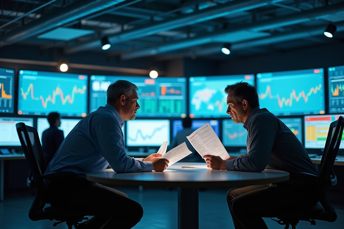 Deux professionnels du trading énergétique collaborant sur un audit de portefeuille pour détecter des risques d'interchange non programmé dans une salle de contrôle