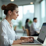Femme au bureau vérifiant un numéro SIRET sur son ordinateur portable dans un open space professionnel