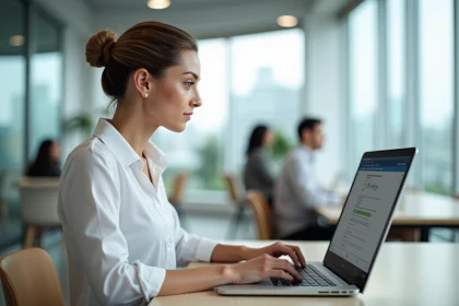 Femme au bureau vérifiant un numéro SIRET sur son ordinateur portable dans un open space professionnel